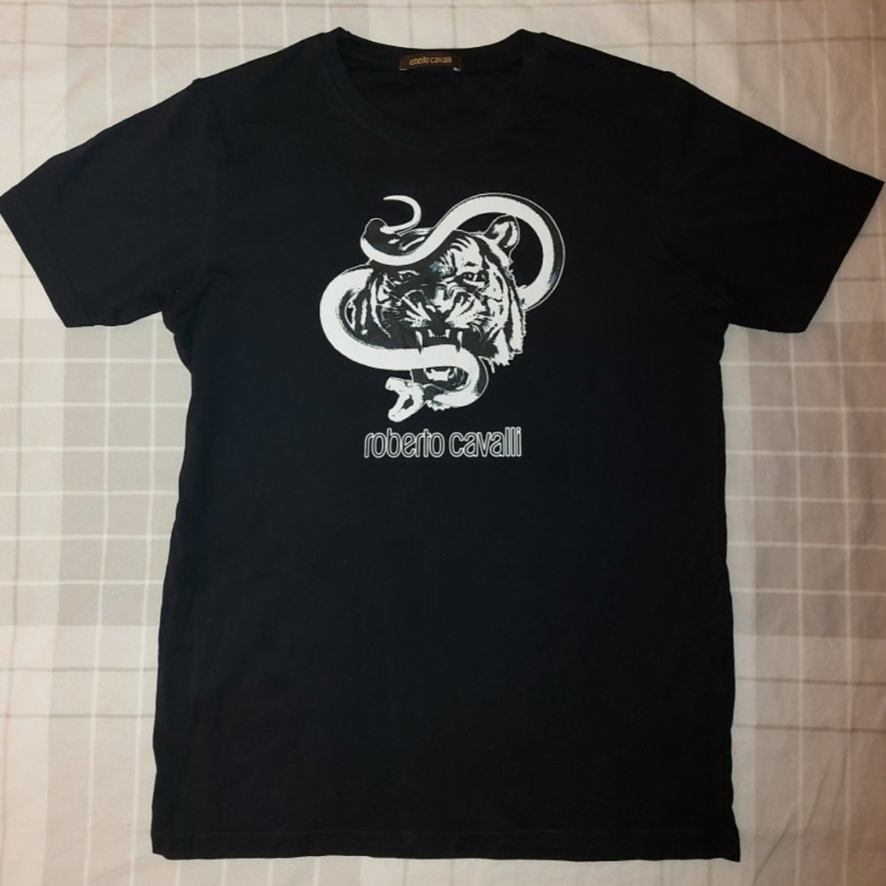 Roberto Cavalli Tiger Snake White Black Graphic T Shirt Mens Italian Luxury